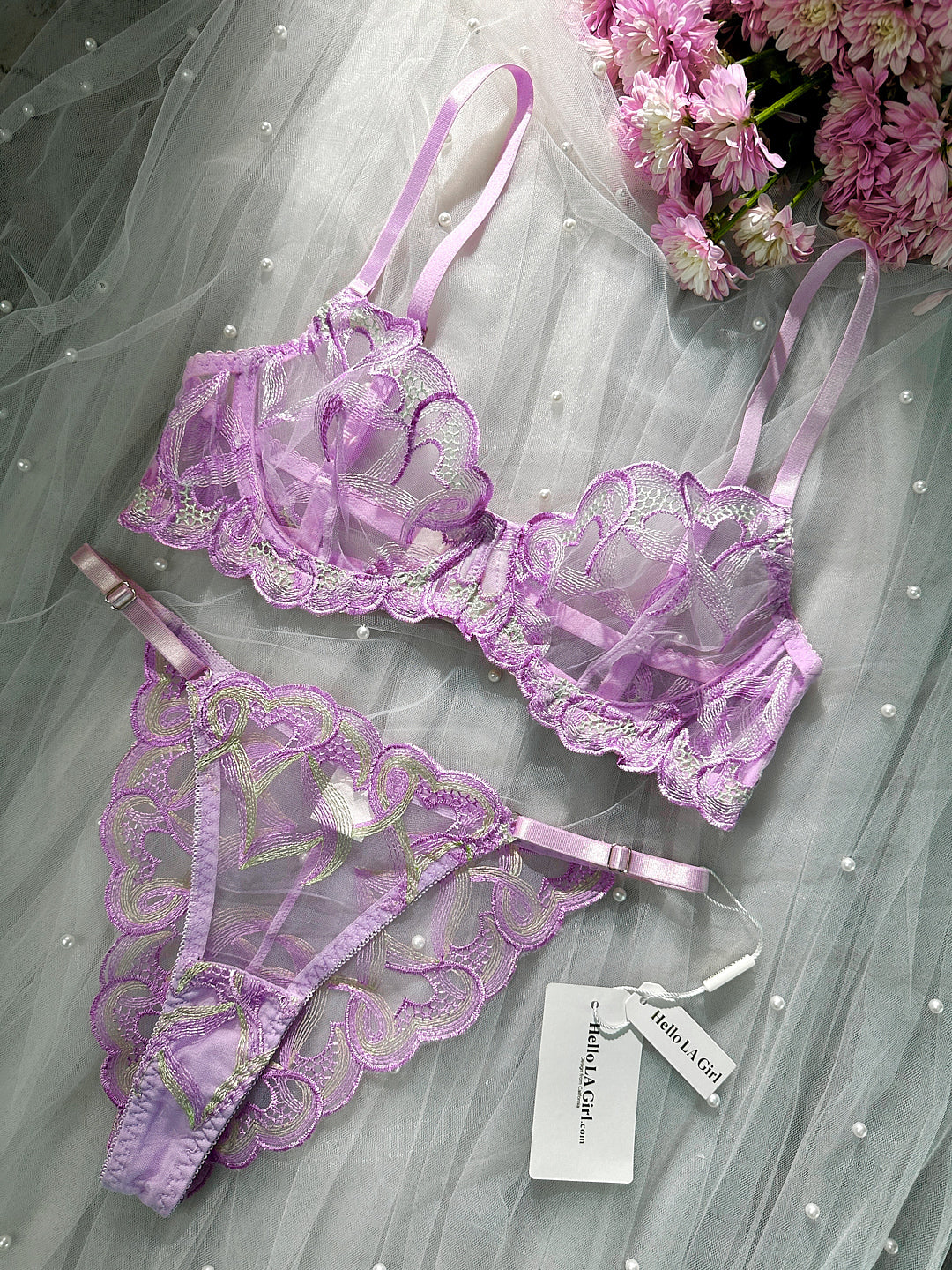 Purple Embroidered Mesh Thong With Adjustable Straps Hello.LA.Girl
